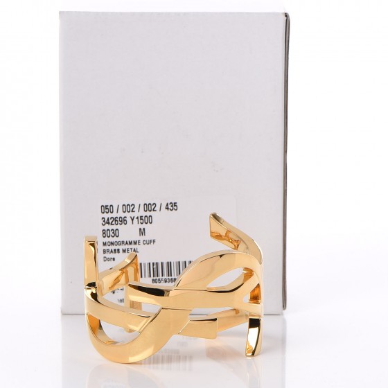 SAINT LAURENT Brass Monogram Medium Cuff Bracelet Gold
