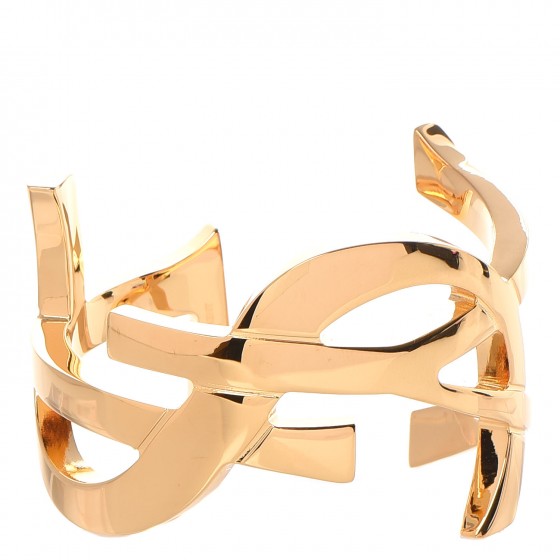 SAINT LAURENT Brass Monogram Medium Cuff Bracelet Gold