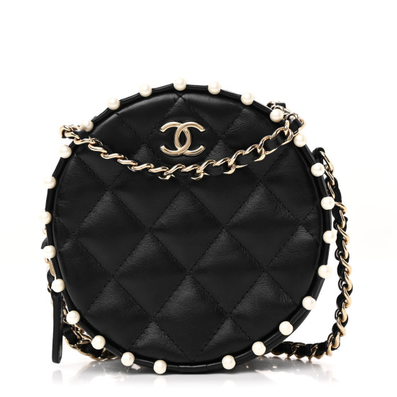 CHANEL Calfskin Quilted Pearl Round Clutch With Chain Black