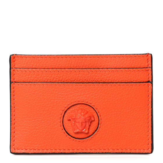 Versace★素敵!Orange Pebbled Leather Medusa Head Card Case VERSACE Calfskin Medusa Card Holder Orange 1630183