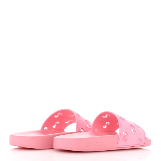 【GUCCI 】Miami GG Rubber Slide Sandals ROSE Gucci Miami GG-Embossed Pink Rubber Slides - Runway Catalog