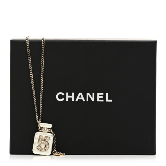 CHANEL Crystal Pearl CC No. 5 Perfume Bottle Necklace White