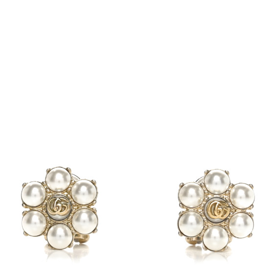 GUCCI Metal Pearl Double G Clip On Earrings Aged Gold