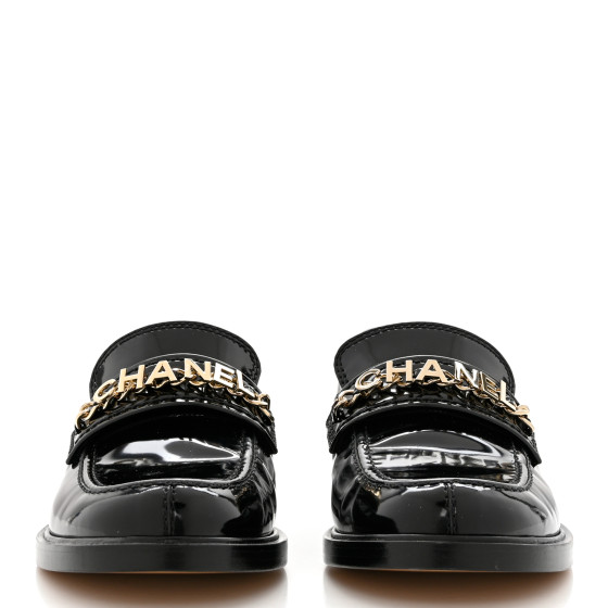 CHANEL Shiny Calfskin Logo Loafers 38.5 Black 1207890
