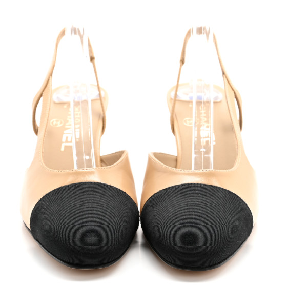 CHANEL Goatskin Grosgrain Cap Toe CC Slingback Pumps 36.5