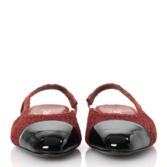 CHANEL Wool Tweed Patent Cap Toe Slingback Flats 37 Brown