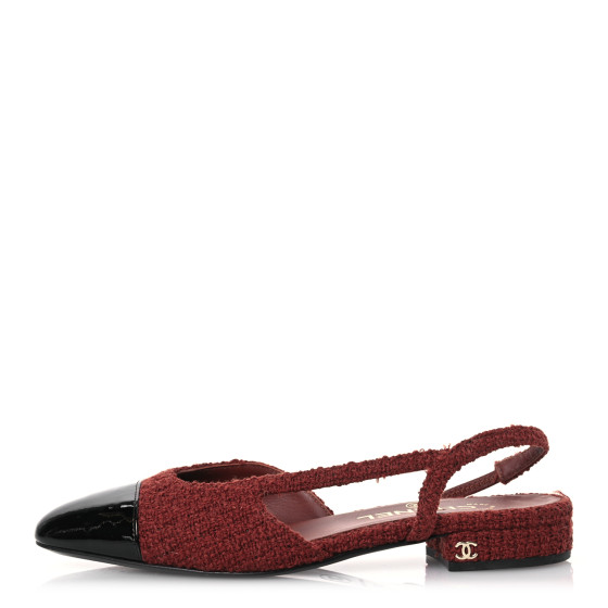 CHANEL Wool Tweed Patent Cap Toe Slingback Flats 37 Brown
