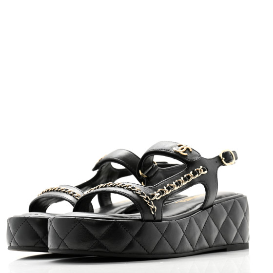 CHANEL Lambskin Quilted Chain CC Platform Sandals 37.5 Black
