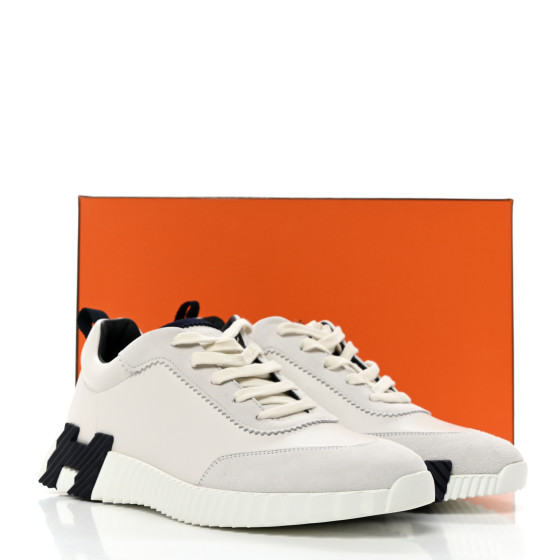 HERMES Goatskin Suede Mens Bouncing Sneakers 42 White