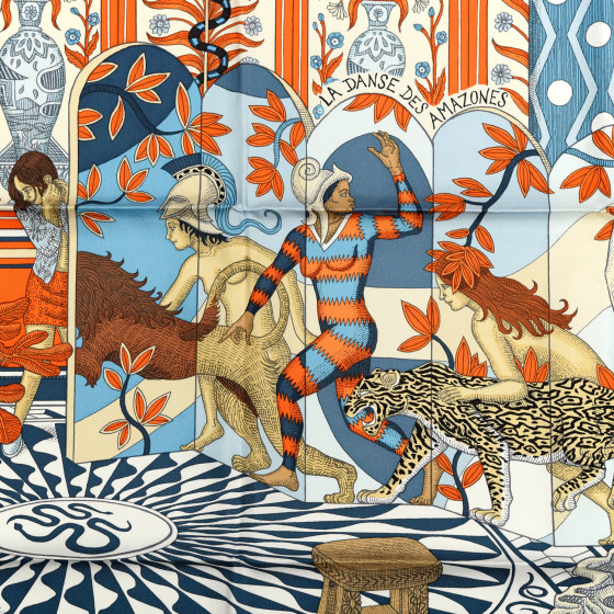 F*i様 HERMÈS ダンスデザイン シルクハンカチ 90cm HERMES Silk La Danse Des Amazones Scarf 90 Bleu Jean Orange