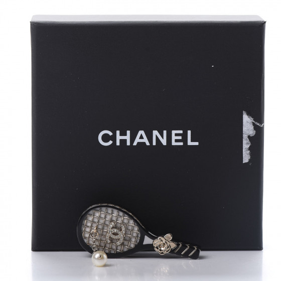 CHANEL Metal Resin Pearls Strass Tennis Racket Brooch Gold