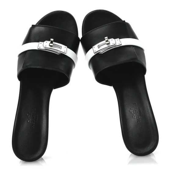 HERMES Calfskin Gigi 50 Sandals 37 White Black 1678881