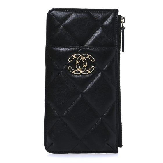 CHANEL Shiny Goatskin Quilted Chanel 19 Flat Wallet Pouch Black