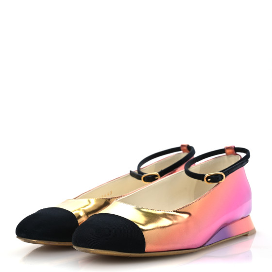 CHANEL シャネル CHANEL Laminated Calfskin Grosgrain Cap Toe CC Flats 36.5