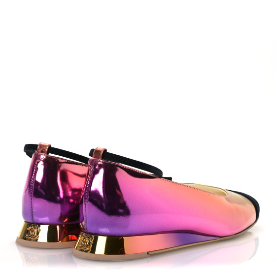 CHANEL Laminated Calfskin Grosgrain Cap Toe CC Flats 36.5