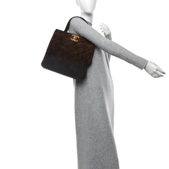 CHANEL Suede Quilted Tote Tote Brown