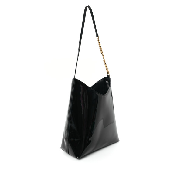 SAINT LAURENT Patent Calfskin Rendez-Vous Hobo Black 1693051
