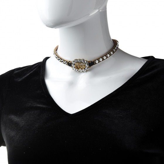 GUCCI クリスタル装飾 チョーカー GUCCI Calfskin Crystal Embellished Double G Choker Necklace