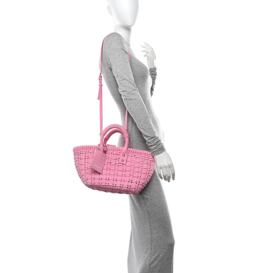 BALENCIAGA Washed Frayed Denim Braided XS Bistro Basket Pink