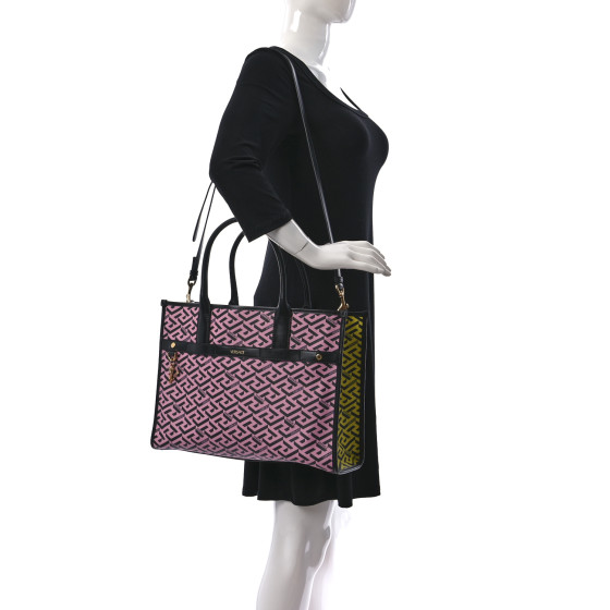 VERSACE Coated Canvas Calfskin La Greca Signature Tote Bag