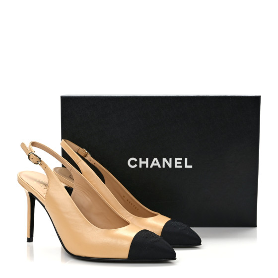 CHANEL Goatskin Grosgrain Pointed Cap Toe CC Slingback Pumps