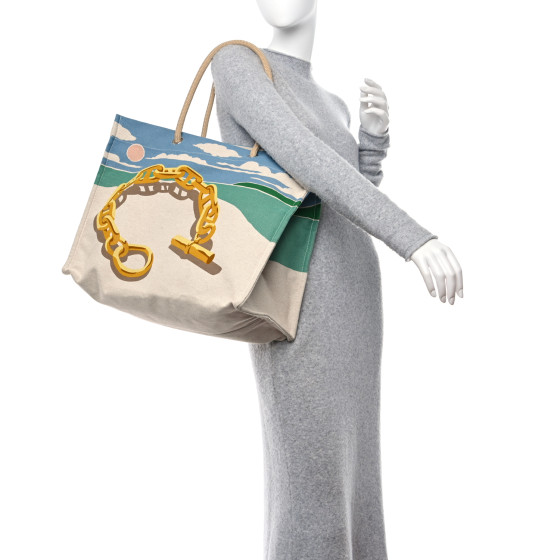 HERMES H Canvas Printed Escale A La Plage Beach Bag Or