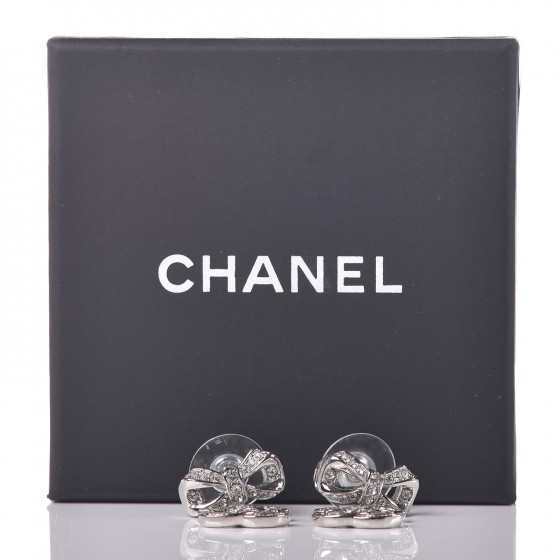CHANEL Crystal CC Bow Dangle Earrings Silver 322644