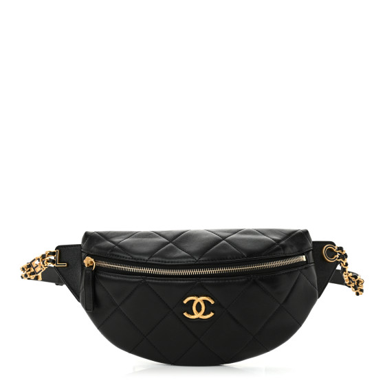 CHANEL Lambskin Enamel Quilted Waist Bag Black