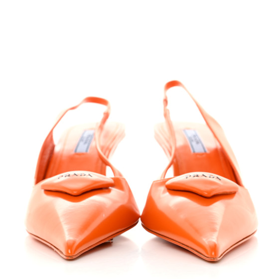 PRADA Brushed Calfskin Logo Pointed Toe Slingback Wedges 38