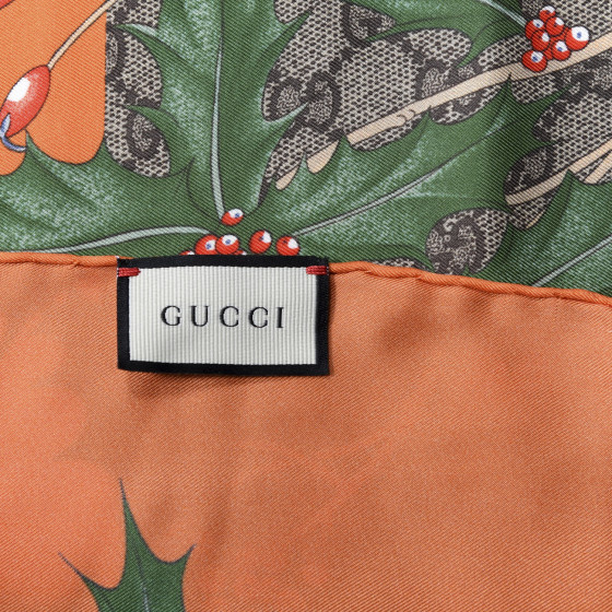Gucci★素敵！Orange Silk Floral GRG Logo Square Scarf Womens GUCCI Blooms print and GG logo Oversized Square Wrap