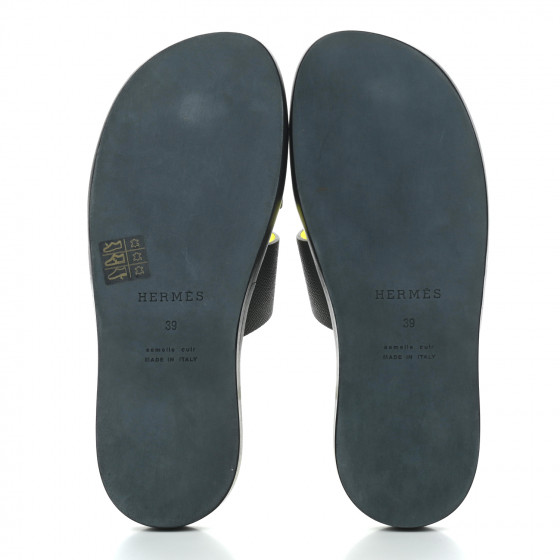 HERMES Epsom Mens Izmir Sandals 39 Black Jaune Fluo 870027