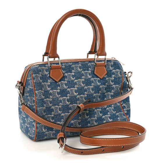 CELINE Denim Triomphe All Over Calfskin Small Boston Bag