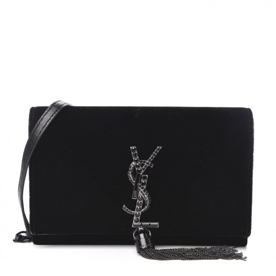 SAINT LAURENT Velvet Crystal Monogram Kate Tassel Shoulder