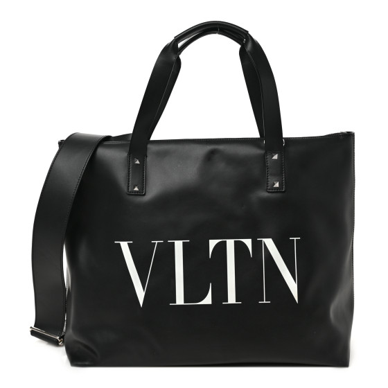 VALENTINO GARAVANI Calfskin VLNT Print Rockstud Top Handle Messenger Tote Black