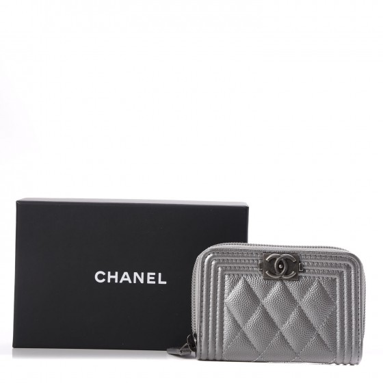 CHANEL Metallic Caviar Quilted Boy Zip Around Coin Purse