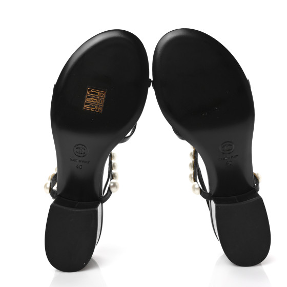 CHANEL Lambskin Pearl Toe Ring Slingback Sandals 40 Black