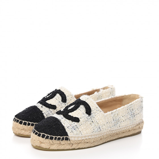 CHANEL Tweed CC Espadrilles 38 Ecru White Blue Black 534412