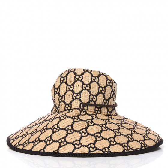 GUCCI Raffia Elaphe GG Monogram Embroidered Wide Brim Hat