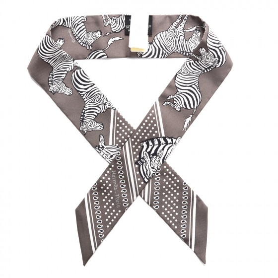 HERMES Silk Les Zebres Twilly Gris Taupe Black White 561400