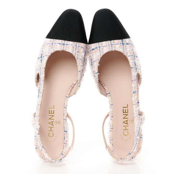 CHANEL Tweed Grosgrain Cap Toe Slingback Flats 39 White Blue
