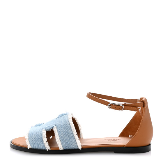 HERMES Denim Fringe Santorini Sandals 39 Bleu Clair Naturel