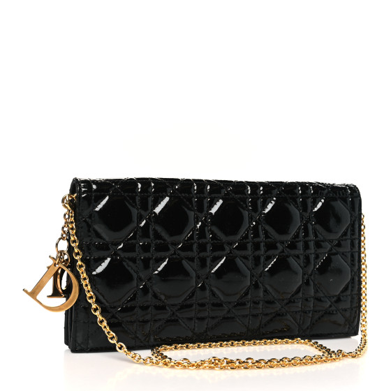 CHRISTIAN DIOR Patent Cannage Lady Dior Clutch On Chain