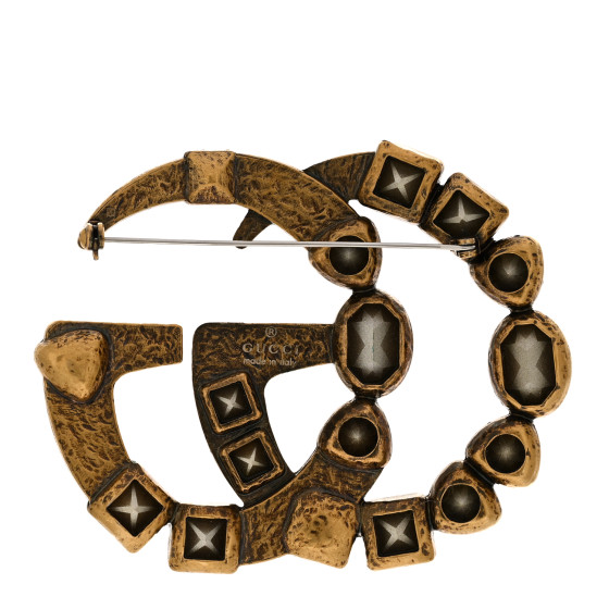 GUCCI Metal Crystal Double G Brooch Aged Gold Multicolor