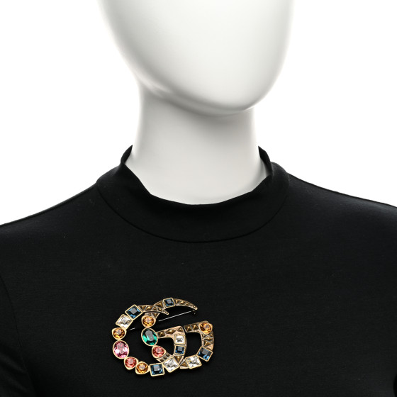 [GUCCI]*メタル ダブルG ブローチ クリスタル付* Double G crystal flower brooch in antique gold-toned metal