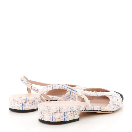 CHANEL Tweed Grosgrain Cap Toe Slingback Flats 39 White Blue