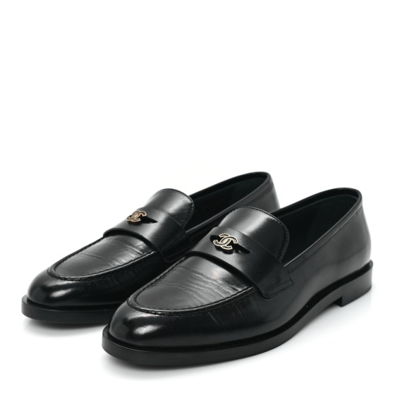 CHANEL Shiny Calfskin CC Moccasin Loafers 36 Black 1663554