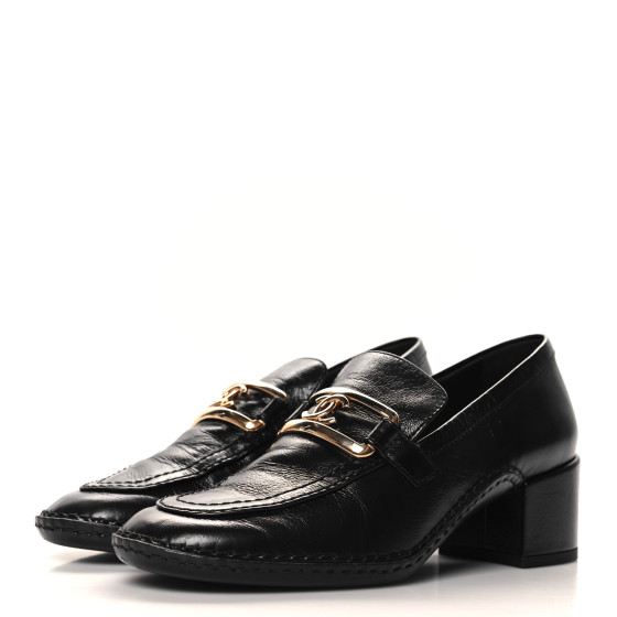 CHANEL Shiny Calfskin Metal CC Loafers 37 Black 1663156