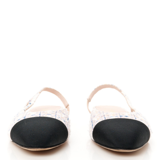 CHANEL Tweed Grosgrain Cap Toe Slingback Flats 39 White Blue