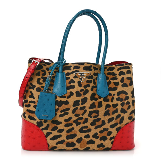 PRADA Calf Hair Ostrich Leopard Print Medium Double Bag