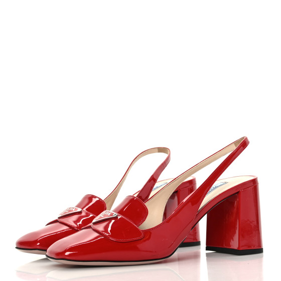 スリッポン PRADA Triangle logo slingback Red PRADA Patent Metal Triangle Logo Block Heel 75mm Slingback